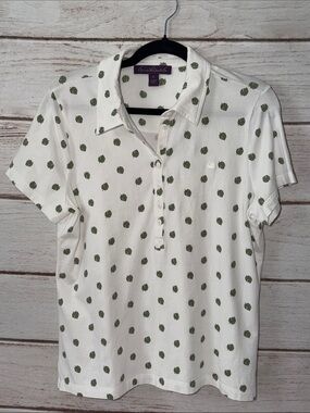 Gloria Vanderbilt White Polo with Olive Green Leaf Print Petite Large